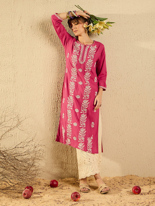 indo era Pink Embroidered Straight Kurtas