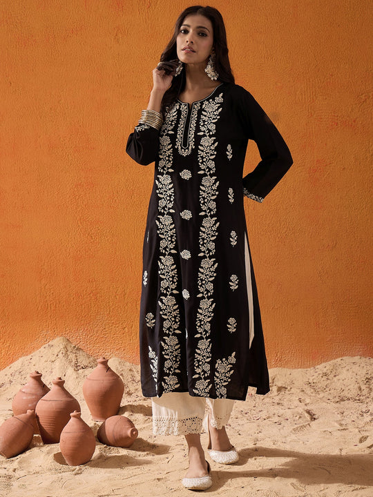 indo era Black Embroidered Straight Kurtas