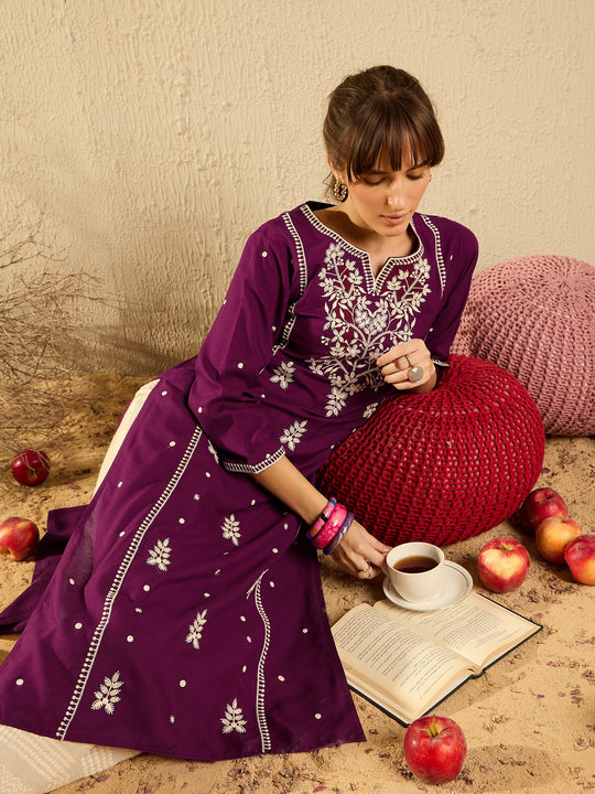indo era Burgundy Embroidered Straight Kurtas