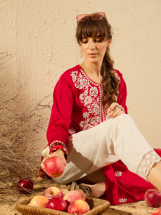 indo era Red Embroidered Straight Kurtas