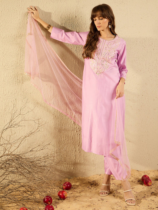 Indo Era Lavender Embroidered Straight Kurta Trousers With Dupatta set