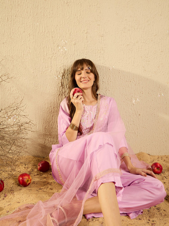 Indo Era Lavender Embroidered Straight Kurta Trousers With Dupatta set