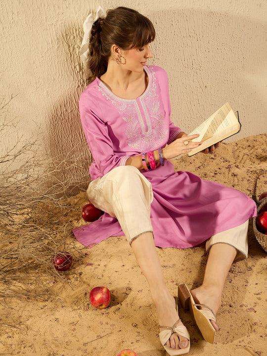 Indo Era Pink Embroidered Straight Kurtas