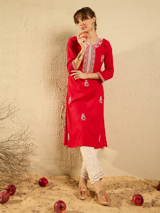 Indo Era Red Embroidered Straight Kurtas
