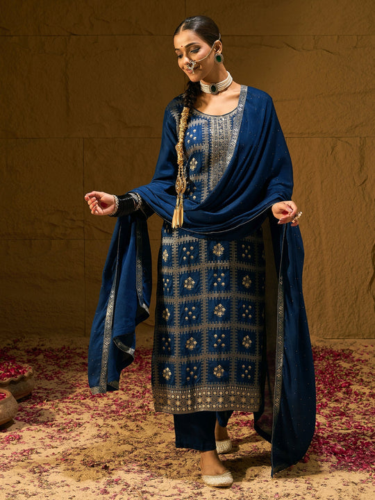 Indo Era Blue Embroidered Straight Kurta Trousers With Dupatta set