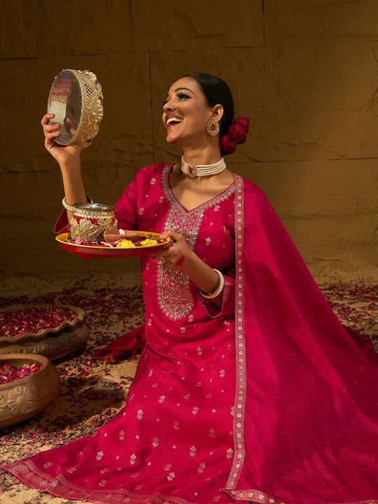 Indo Era Magenta Embroidered Straight Kurta Trousers With Dupatta set