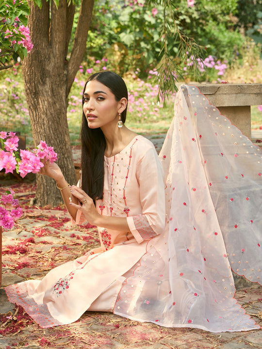 Indo Era Peach Embroidered Straight Kurta Trousers With Dupatta Set