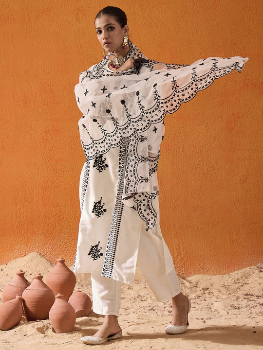 Indo Era White Embroidered Straight Kurta Trousers With Dupatta  Set