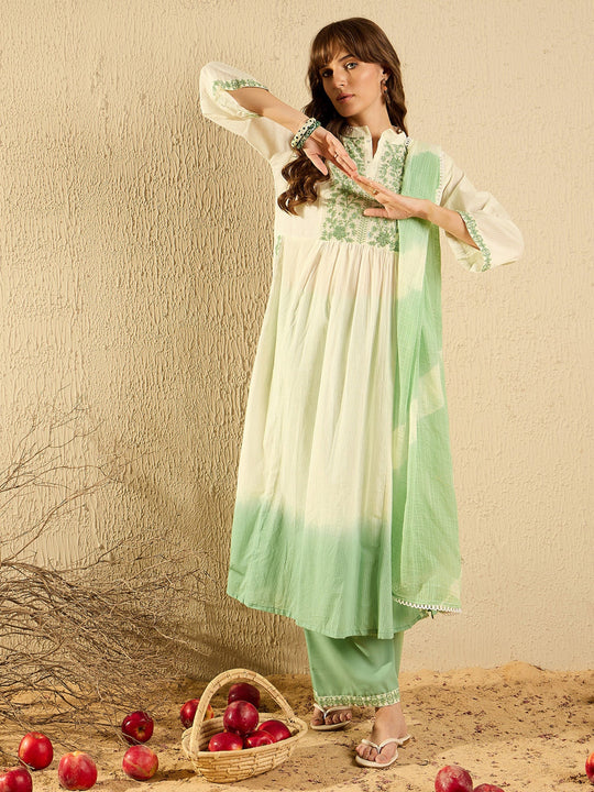 Indo Era Green Embroidered A-Line Kurta Trousers With Dupatta Set