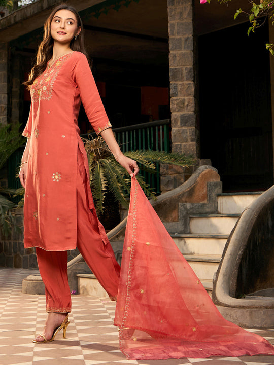 Indo Era Orange Embroidered Straight Kurta Trousers With Dupatta Set