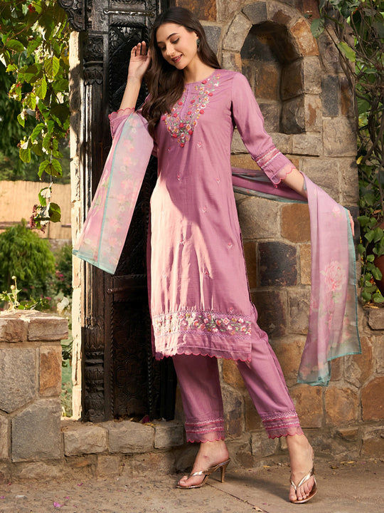 Indo Era Mauve Embroidered Straight Kurta Trousers With Dupatta Set