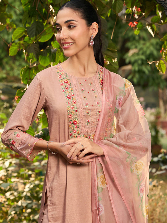 Indo Era Beige Embroidered Straight Kurta Trousers With Dupatta Set