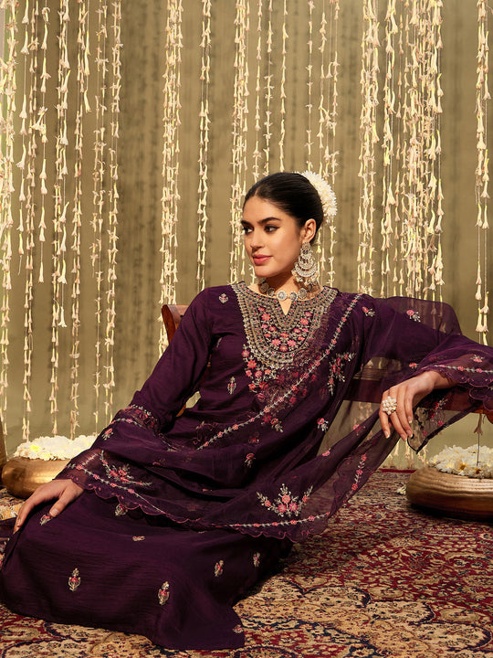 Indo Era Wine Embroidered Straight Kurta Trousers With Dupatta Set