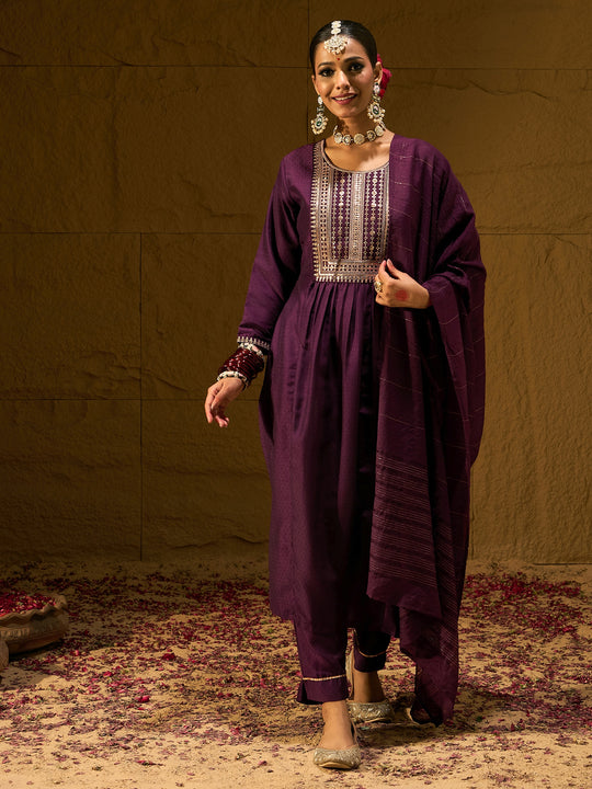 Burgundy Embroidered A-Line Kurta Trousers With Dupatta Set