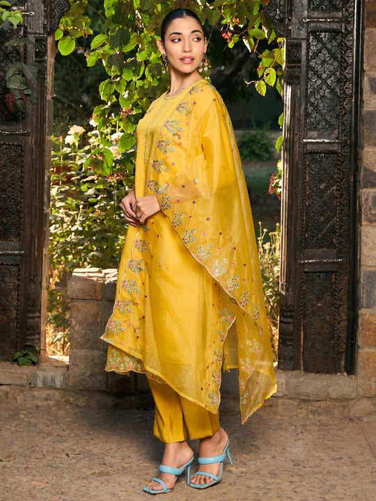 Indo Era Yellow Embroidered Straight Kurta Trousers With Dupatta Set