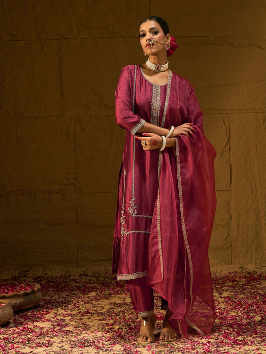 Indo Era Rust Embroidered Straight Kurta Trousers With Dupatta Set