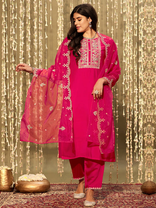 Magenta Embroidered Straight Kurta Trousers With Dupatta