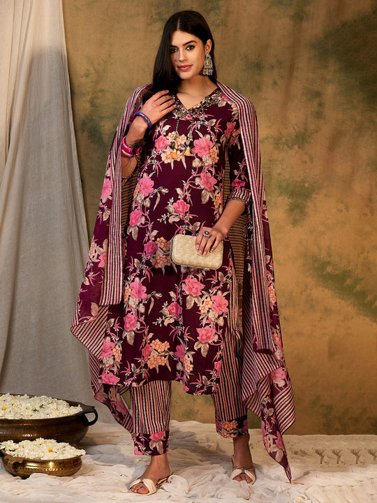 Indo Era Burgundy Printed Straight Kurta Trousers With Dupatta Set