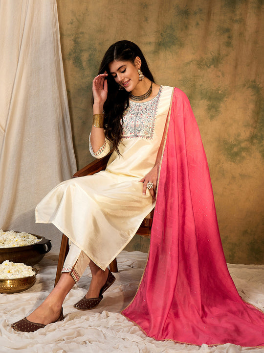 Indo Era Cream Embroidered Straight Kurta Trousers With Dupatta Set