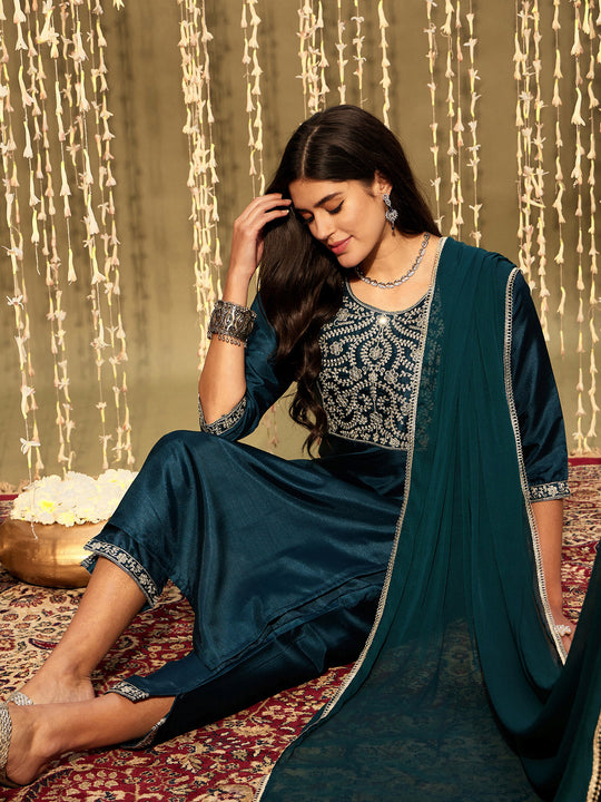Indo Era Teal Embroidered Straight Kurta Trousers With Dupatta Set
