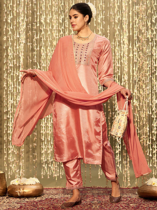 Indo Era Peach Embroidered Straight Kurta Trousers With Dupatta Set