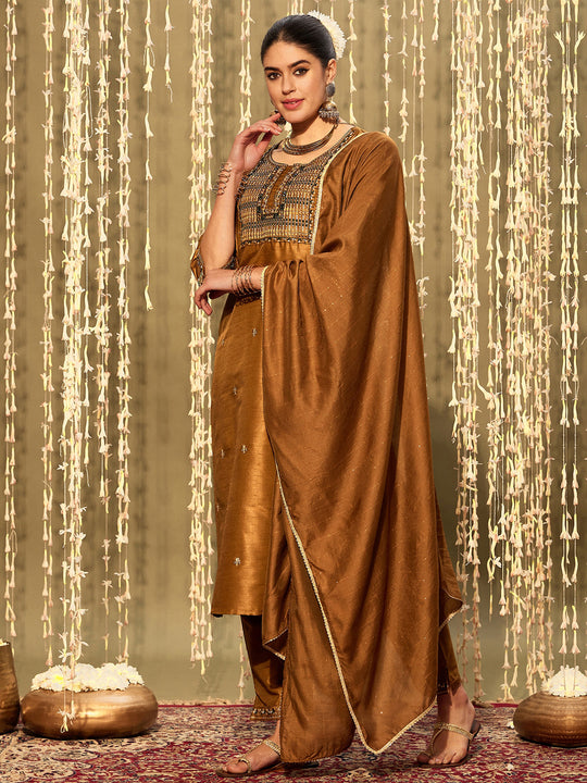 Indo Era Mustard Embroidered Straight Kurta Trousers With Dupatta Set