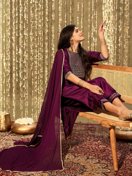 Indo Era Burgundy Embroidered Straight Kurta Trousers With Dupatta Set