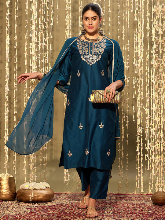 Indo Era Teal Embroidered Straight Kurta Trousers With Dupatta set