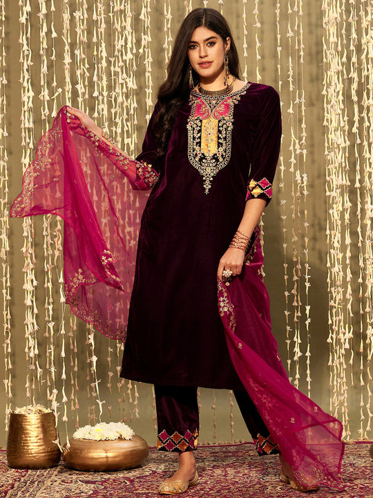Indo Era Burgundy Embroidered Straight Kurta Trousers With Dupatta set