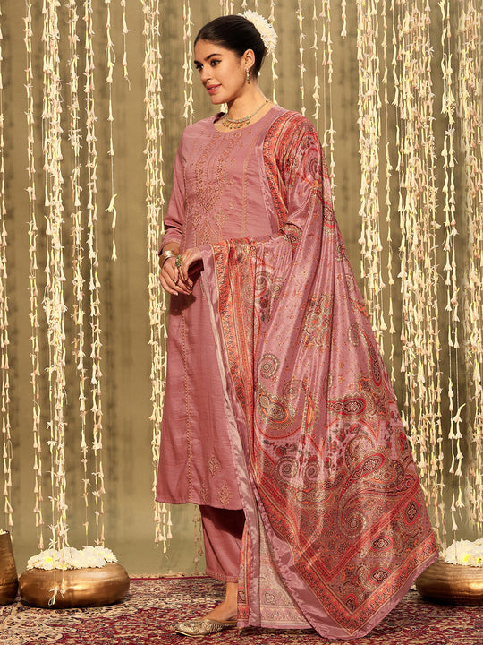 Indo Era Mauve Embroidered Straight Kurta Trousers With Dupatta set