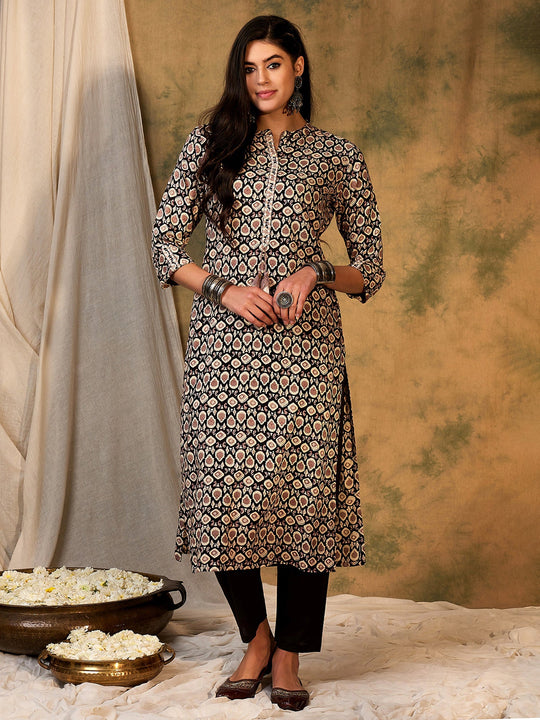 Indo Era Black Printed Straight Kurtas