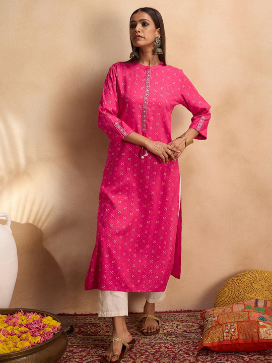 Indo Era Pink Printed Straight Kurtas