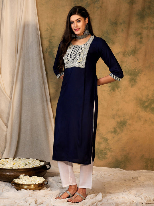 Indo Era Navy Blue Embroidered Straight Kurtas
