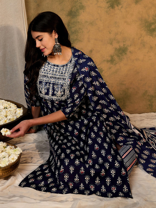 Indo Era Navy Blue Printed Straight Kurta Trousers With Dupatta Set