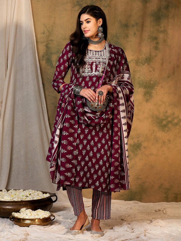 Indo Era Burgundy Printed Straight Kurta Trousers With Dupatta set