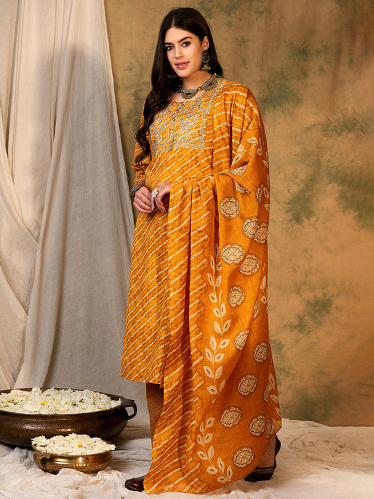 Indo Era Mustard Printed Straight Kurta Trousers With Dupatta set