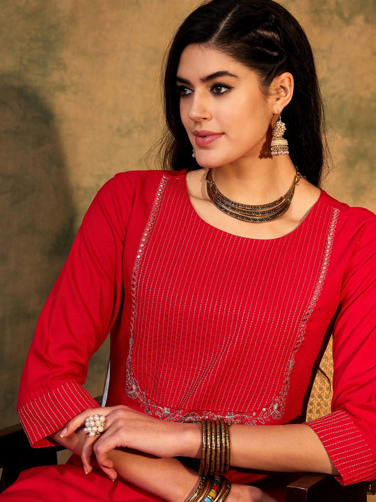Indo Era Magenta Embroidered Straight Kurtas