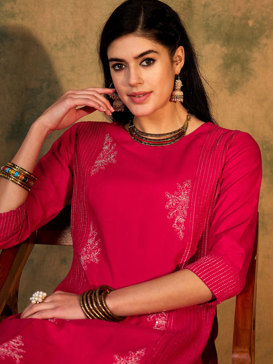 Indo Era Magenta Embroidered Straight Kurtas