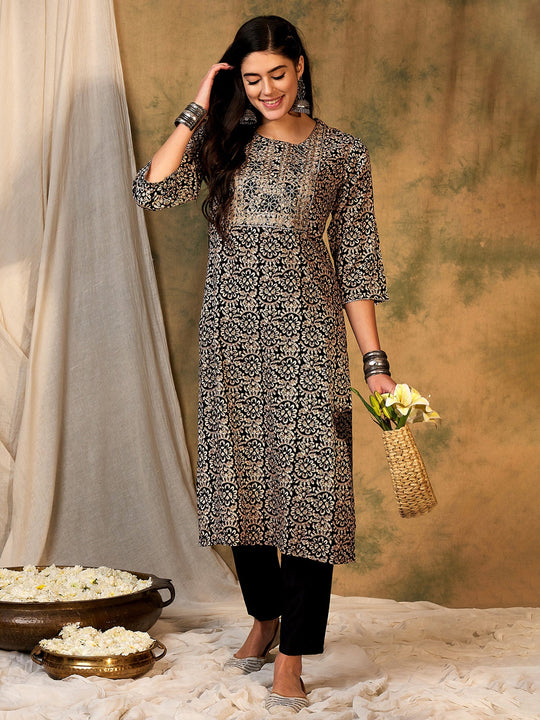 Indo Era Black Printed Straight Kurtas