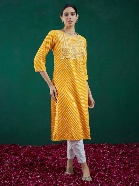 Indo Era Yellow Printed Straight Kurtas