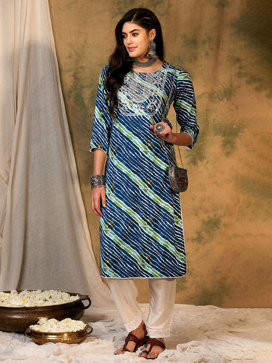 Indo Era Blue Printed Straight Kurtas