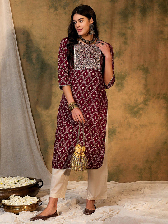 Indo Era Maroon Printed Straight Kurtas