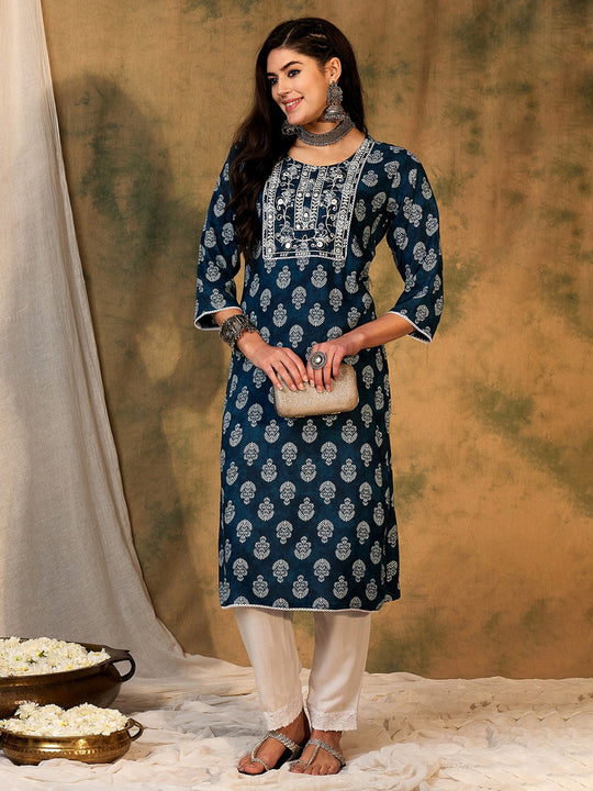 Indo Era Blue Printed Straight Kurtas