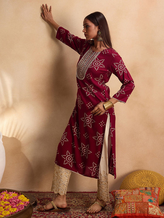 Indo Era Maroon Printed Straight Kurtas