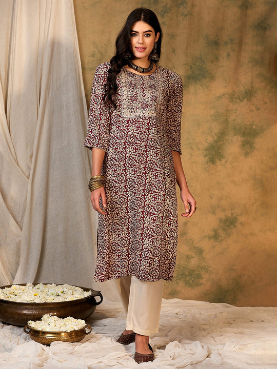Indo Era Maroon Printed Straight Kurtas