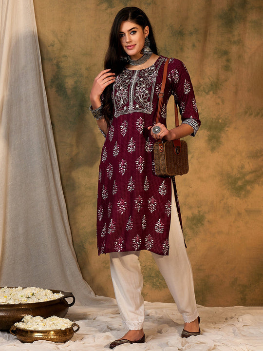 Indo Era Burgundy Printed Straight Kurtas