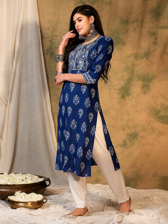 Indo Era Blue Printed Straight Kurtas