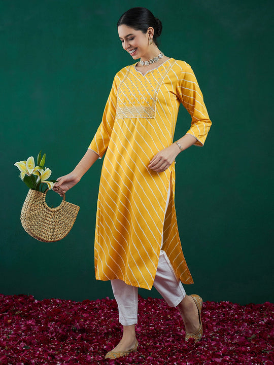 Indo Era Yellow Printed Straight Kurtas