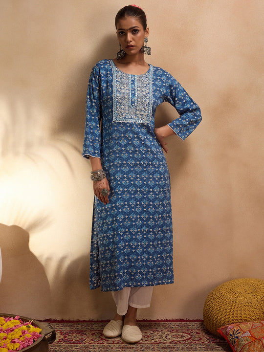 Indo Era Blue Printed Straight Kurtas
