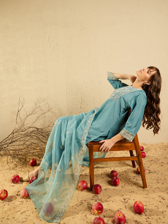 Indo Era Turquoise Blue Embroidered Straight Kurta Trousers With Dupatta set